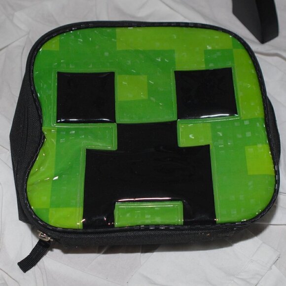 Minecraft Creeper Lunchbox 8x8x2” Insulated Square Tote Black Green EUC - Picture 1 of 5